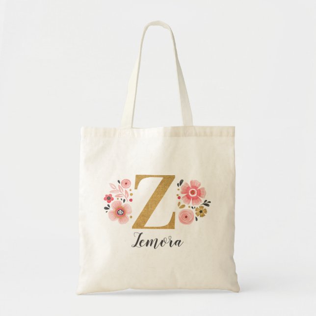 Tote Bag Lettre "Z" monogramme florale en or rose (Devant)