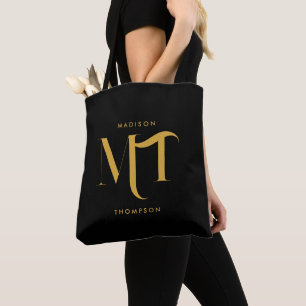 Tote Bag Lettres d'initiales de monogramme noir et or éléga