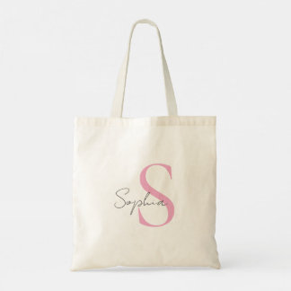 Tote Bag Lettres grises de calligraphie élégante rose perso