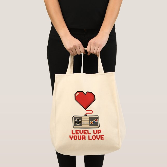 Tote Bag Level Up Your Love, Retro Pixel Gaming Design (Devant (produit))