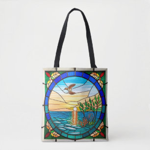 Tote Bag Lever de soleil sur l'océan avec oiseau en vol