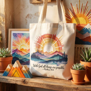 Tote Bag Lever du soleil montagne aquarelle verset biblique