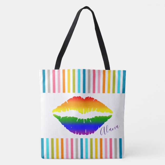 Tote Bag Lèvres arc-en-ciel et rayures (Devant)
