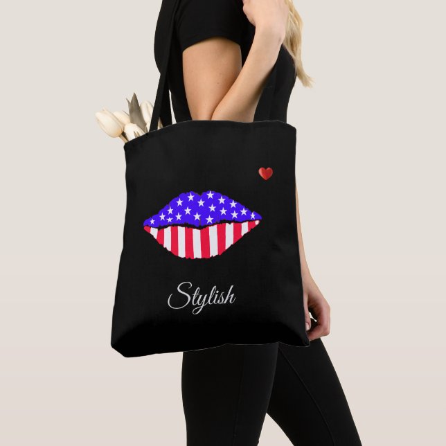 Tote Bag Lèvres de drapeau américain élégant & calligraphie (De près)