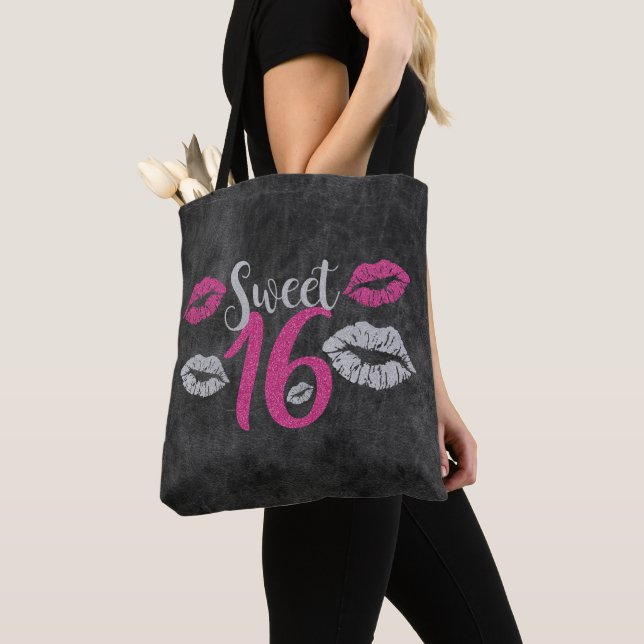 Tote Bag Lèvres De Parties scintillant Gris Et Rose (De près)