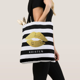 Tote Bag Lèvres dorées avec bandes blanches noires classiqu
