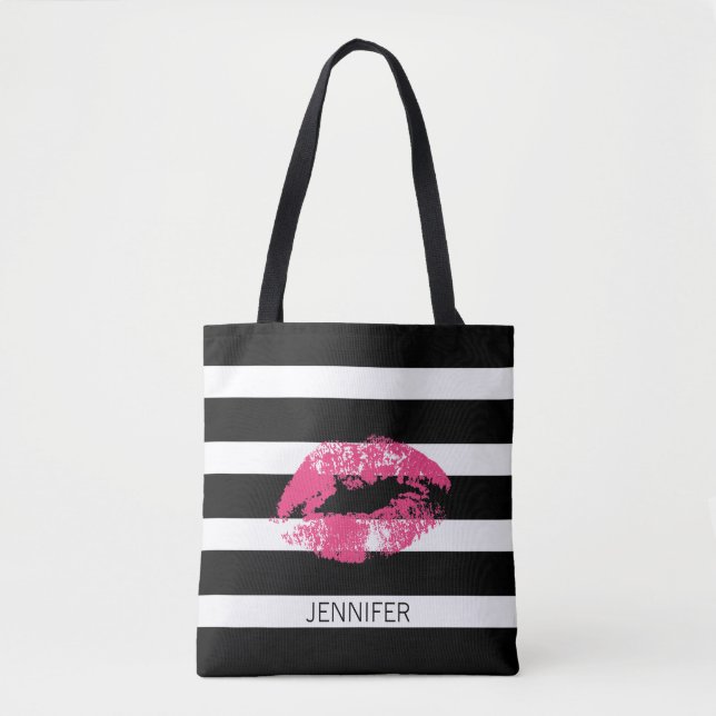Tote Bag Lèvres Rose Monogramme Et Blancs Noirs (Devant)