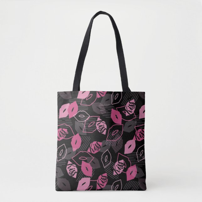 Tote Bag Lèvres roses embrasser Motif Black Ver (Devant)