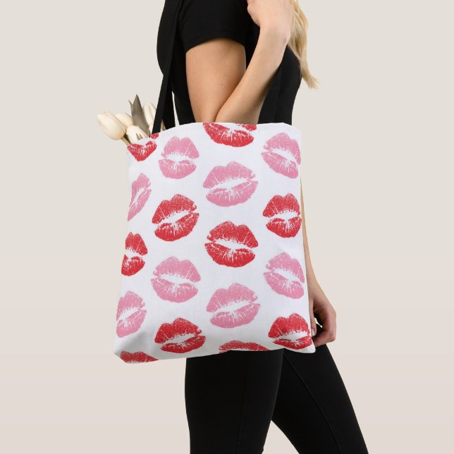 Tote Bag Lèvres rouges et roses, Motif des lèvres, bâton à  (De près)