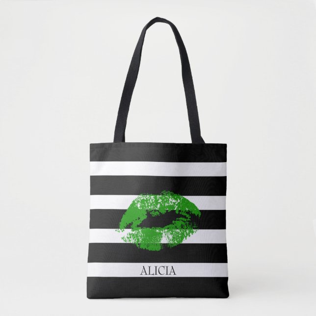 Tote Bag Lèvres Vertes Monogrammes Et Blancs Noirs (Devant)