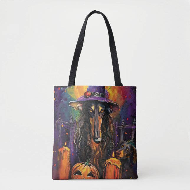 Tote Bag Lévrier Afghan Halloween Sorcière et Citrouille Ef (Devant)