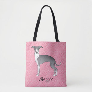 Tote Bag Lévrier Italien Bleu Et Blanc Sur Cœurs Roses