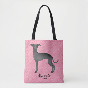 Tote Bag Lévrier Italien Noir Chien Mignon Sur Coeurs Roses