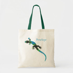 Tote Bag Lézard Fracté Bleu Vivid et Vert avec nom