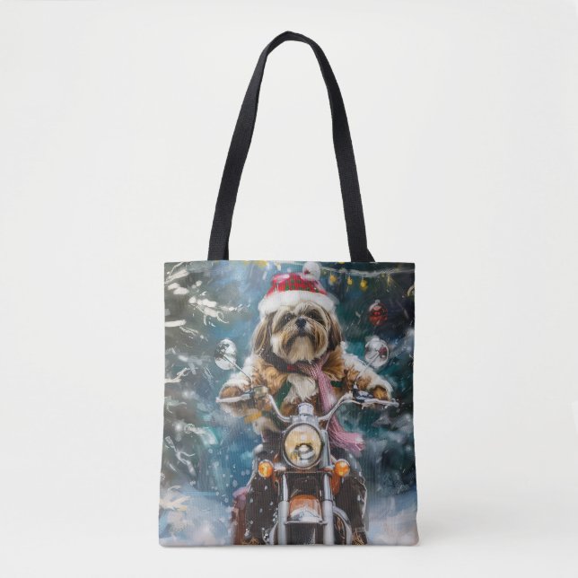 Tote Bag Lhasa Apso Chien à cheval Moto Noël (Devant)