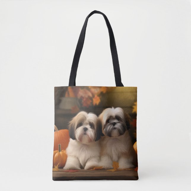 Tote Bag Lhasa Apso Chiot Automne Citrouille de plaisir (Devant)