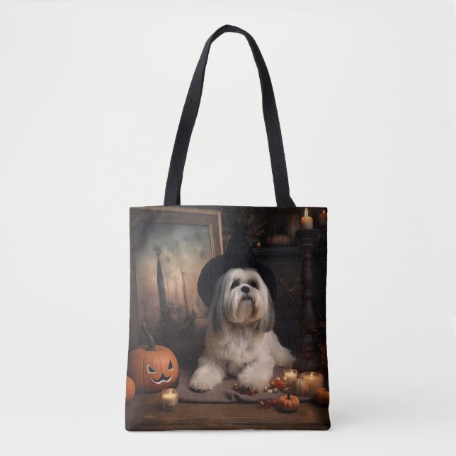 Tote Bag Lhasa Apso Citrouille Halloween effrayant (Devant)
