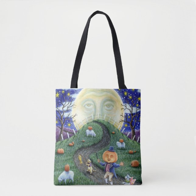TOTE BAG L'HOMME CITROUILLE RENCONTRE L'HOMME DANS LA LUNE, (Devant)