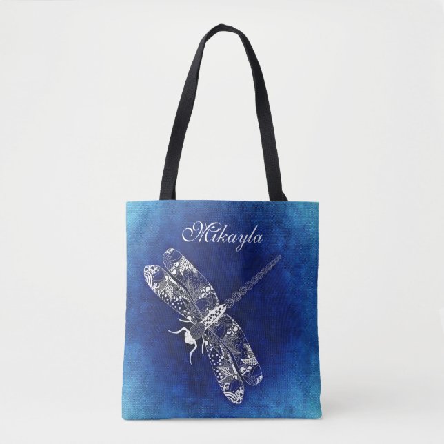 Tote Bag Libellule abstraite personnalisée sur le bleu (Devant)