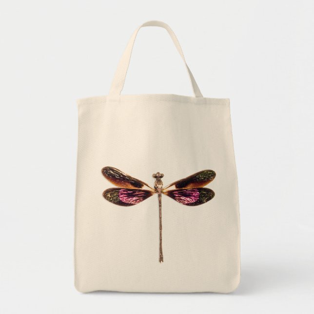Tote Bag Libellule - argent, or, pourpre et noir (Devant)