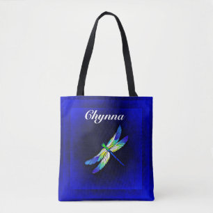 Tote Bag Libellule bleue et verte sur les carrés