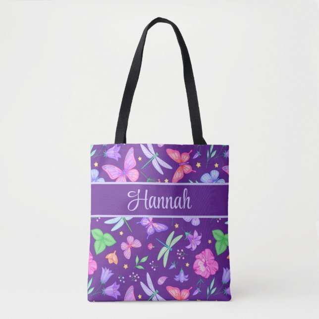 Tote Bag Libellule et papillon nom personnalisé violet rose (Devant)