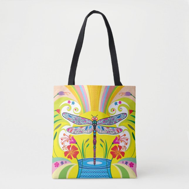 Tote Bag Libellule radieuse et fleurs sauvages (Devant)
