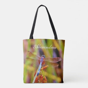 Tote Bag libellule turquoise rose pourpre avec nom