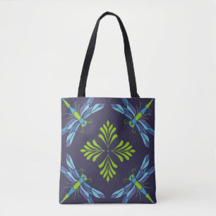 Tote Bag libellule verte motif vintage sur dossier foncé