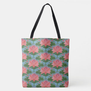 Tote Bag Libellules bleu pâle, nénuphars roses, sur fond bl