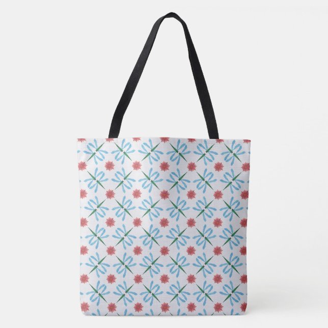 Tote Bag libellules bleu pâle, nymphes d'eau rose, sur blan (Devant)