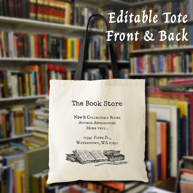 Tote Bag Librairie anciens livres modifiables (Book Store Old Books Tote Bag Editable Front and Back)