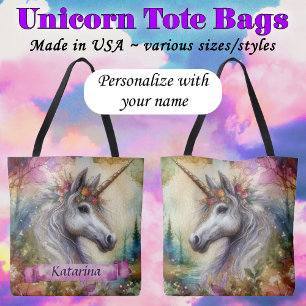 Tote Bag Licorne à l'aquarelle pour fille avec nom personna