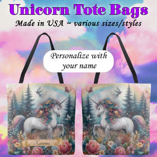 Tote Bag Licorne arc-en-ciel à l'aquarelle Boho Nom personn