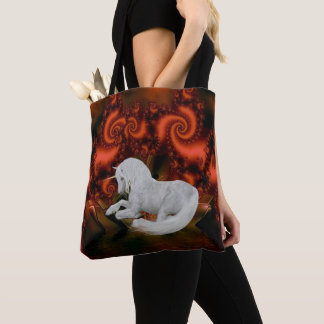 Tote Bag Licorne blanche fractales rouges fantaisie cheval 