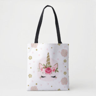Tote Bag Licorne Gold Fleurs Roses Fleurit Tendances Mignon