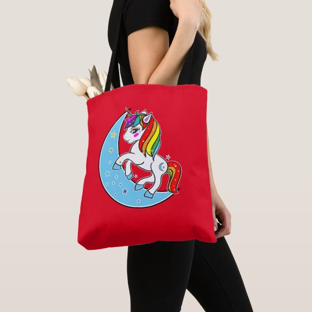 Tote Bag Licorne Lune Bleue Céleste et Étoiles Arc-en-Ciel (De près)