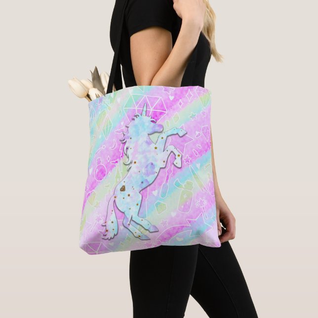 Tote Bag Licorne Magique Pastel Diamants Arc-en-ciel & Étoi (De près)