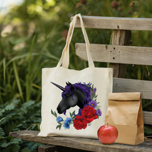 Tote Bag Licorne noire fleurs de jardin de minuit violet