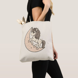 Tote Bag Licorne Rose Pêche Blush Céleste Lune & Étoiles