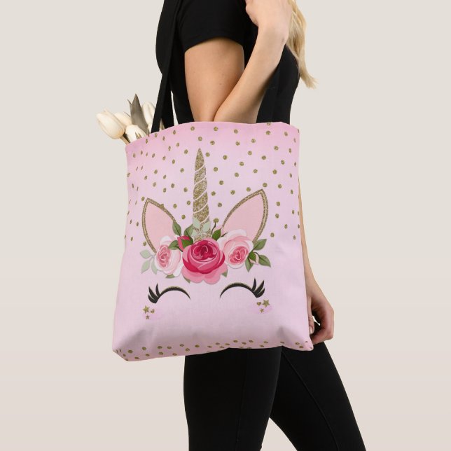 Tote Bag Licorne Tendance Pailletée Or & Fleur Rose (De près)
