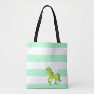 Tote Bag Licorne verte avec rayures vertes et blanches