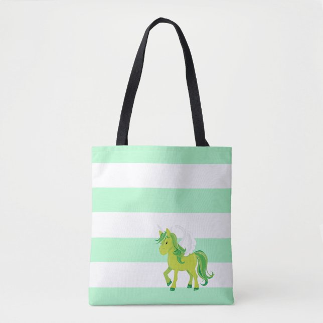 Tote Bag Licorne verte avec rayures vertes et blanches (Devant)