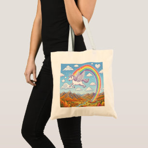 Tote Bag Licorne volante de dessin animé avec arc-en-ciel