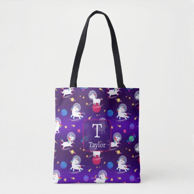 Tote Bag Licornes Arc-En-Ciel Dans L'Espace Dégradé Violet (Devant)