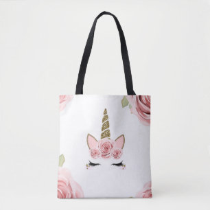 Tote Bag Licornes Pailletées Or avec Roses Roses Tendance M