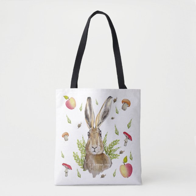 Tote Bag Lièvre mignonne avec un arrière - plan de pommes e (Devant)