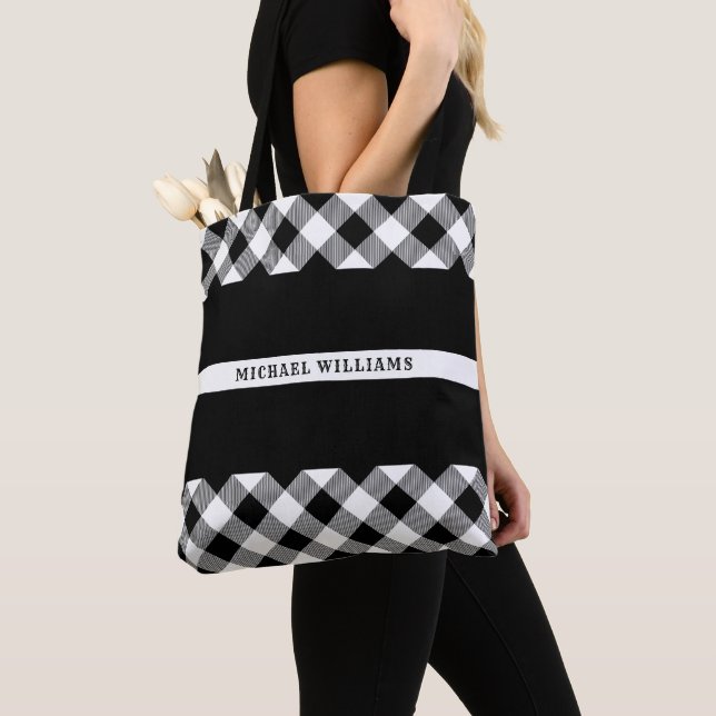 Tote Bag Ligne blanche mince monogramme de plaid de Buffalo (De près)