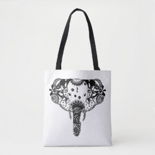 Tote Bag Ligne moderne noir et blanc enchevêtrement éléphan