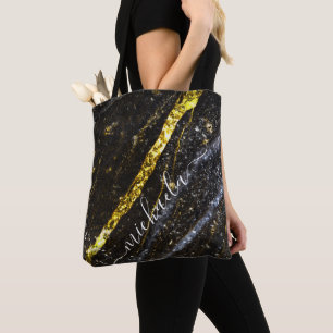 Tote Bag Ligne parkly or noir chic abstrait Votre nom